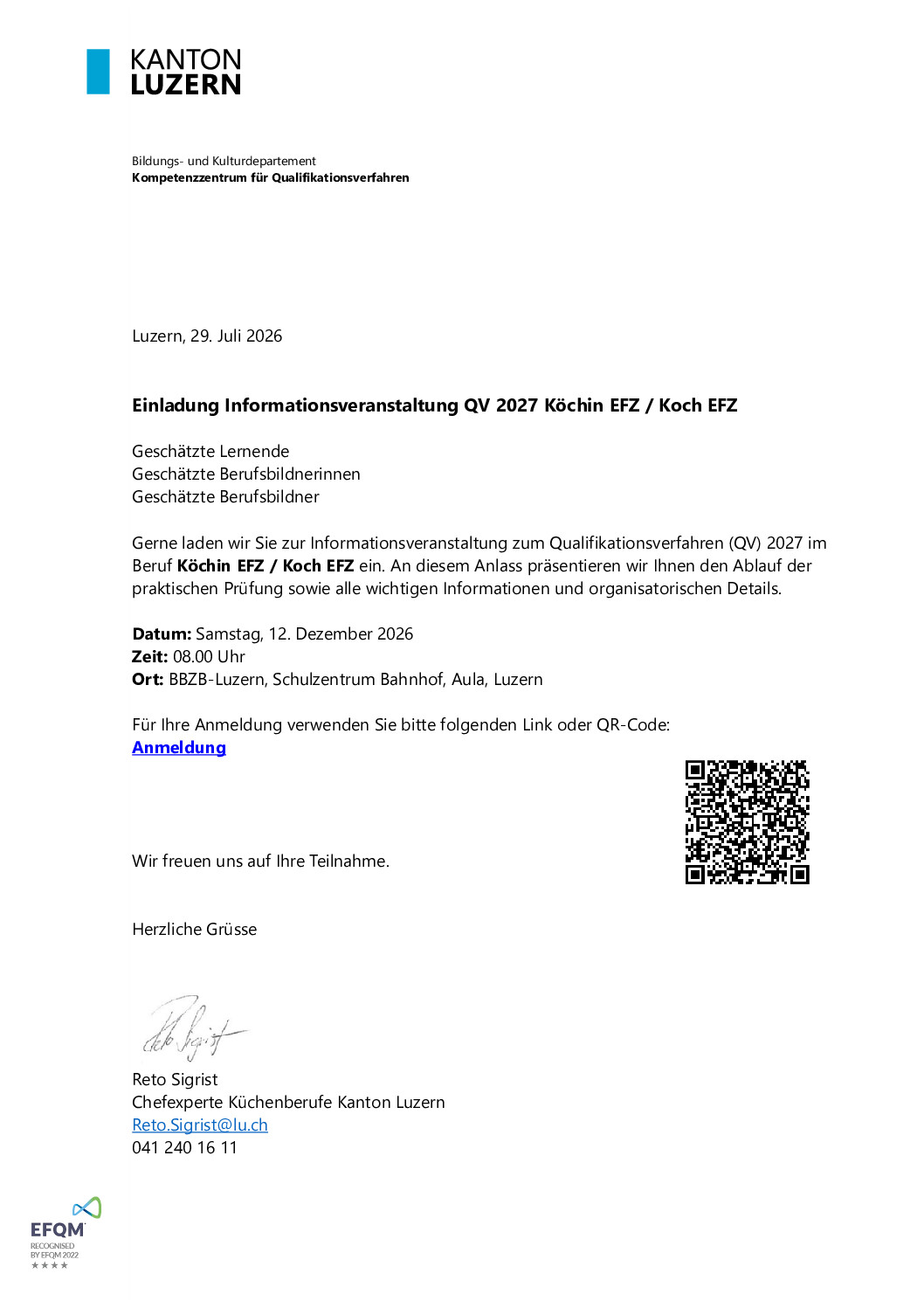 Einladungen zur Informationsveranstaltung QV 2027 Koch / Köchin EFZ