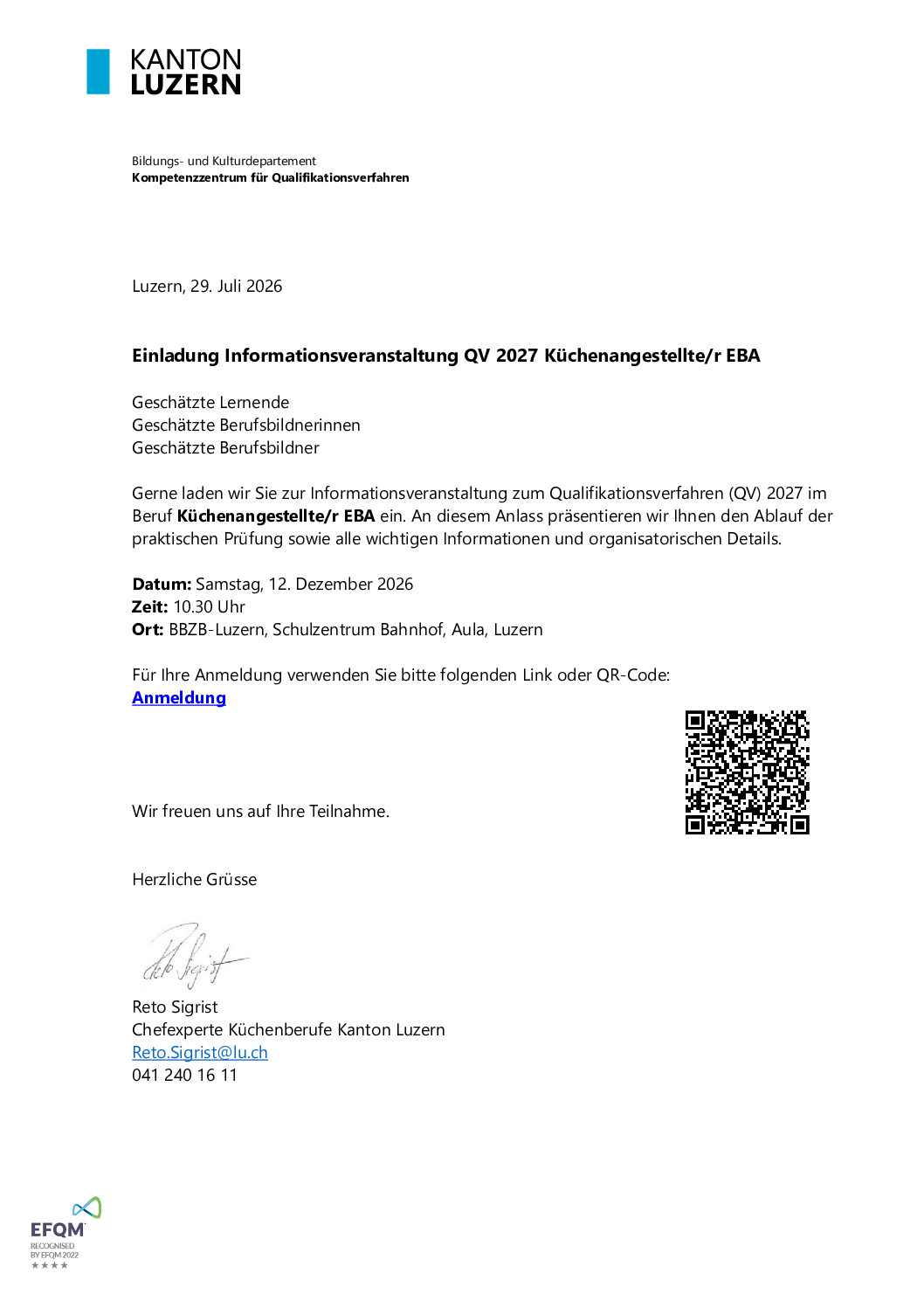 Einladungen zur Informationsveranstaltung QV 2027 Küchenangestellte/r EBA